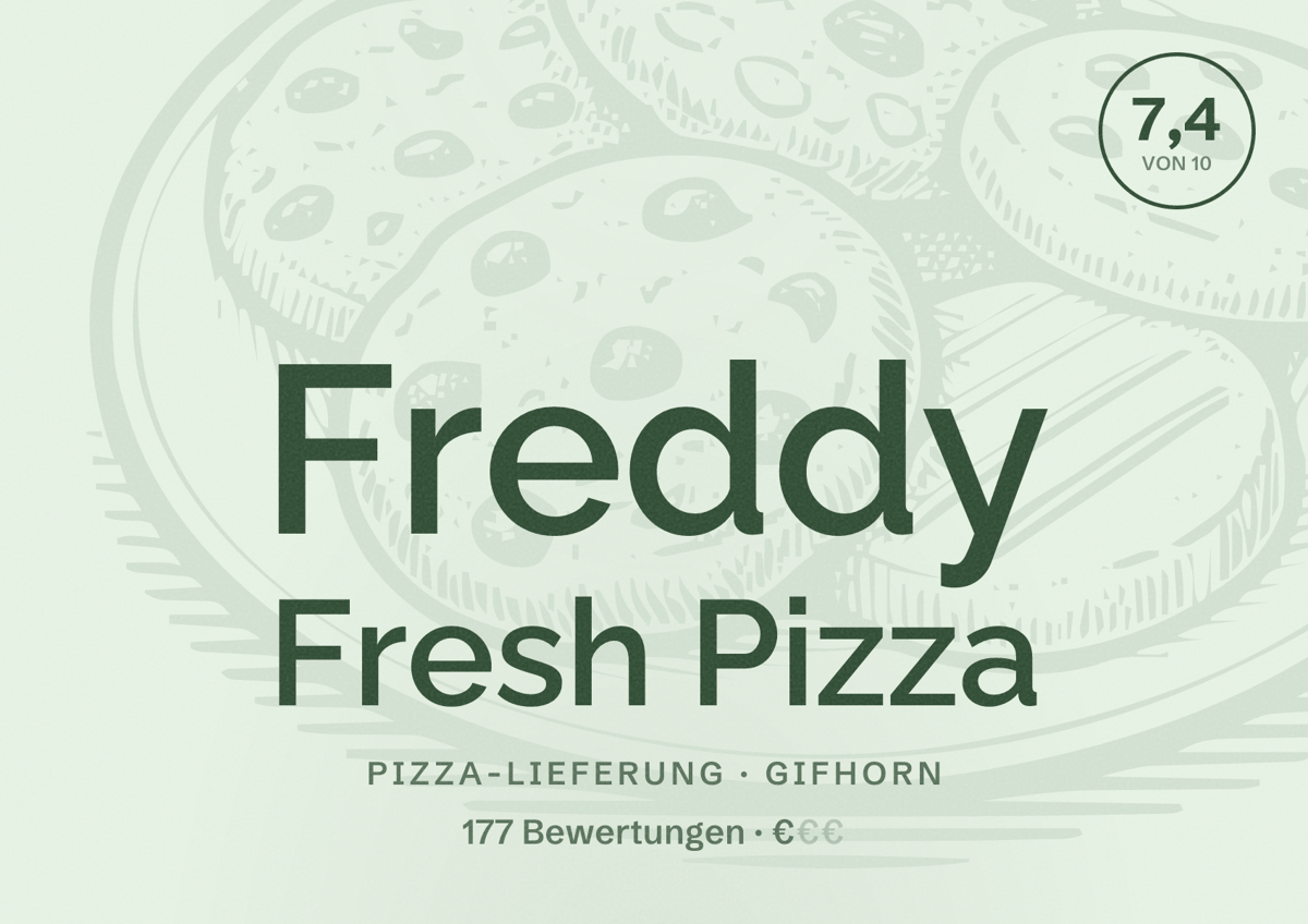 Illustriertes Poster von Freddy Fresh Pizza, Pizza-Lieferung in Gifhorn: Bewertung 7,4 von 10 aus 177 Bewertungen, Preisniveau €