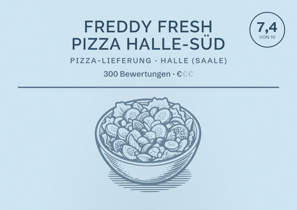 Illustriertes Poster von Freddy Fresh Pizza Halle-Süd, Pizza-Lieferung in Halle (Saale): Bewertung 7,4 von 10 aus 300 Bewertungen, Preisniveau €