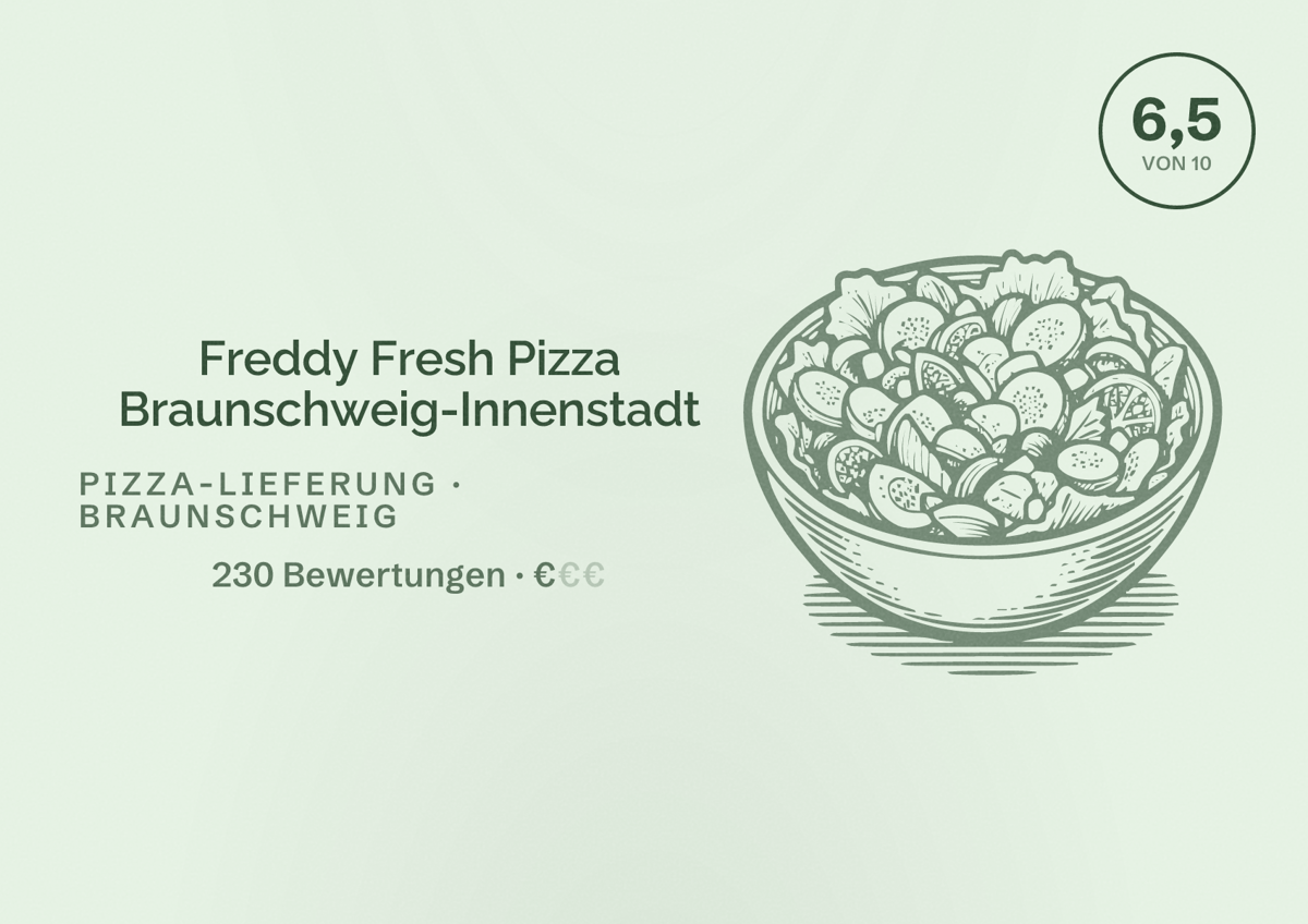 Illustriertes Poster von Freddy Fresh Pizza Braunschweig-Innenstadt, Pizza-Lieferung in Braunschweig: Bewertung 6,5 von 10 aus 230 Bewertungen, Preisniveau €