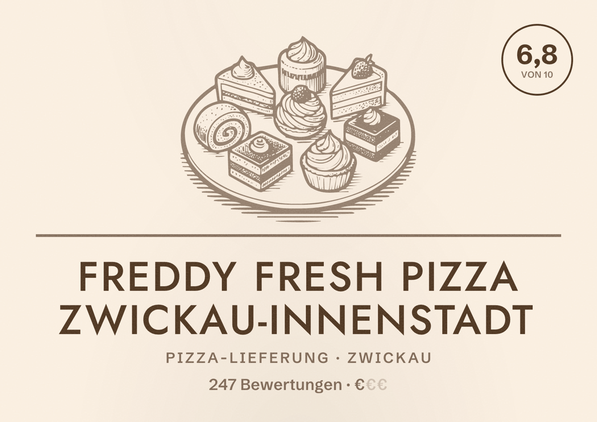 Illustriertes Poster von Freddy Fresh Pizza Zwickau-Innenstadt, Pizza-Lieferung in Zwickau: Bewertung 6,8 von 10 aus 247 Bewertungen, Preisniveau €