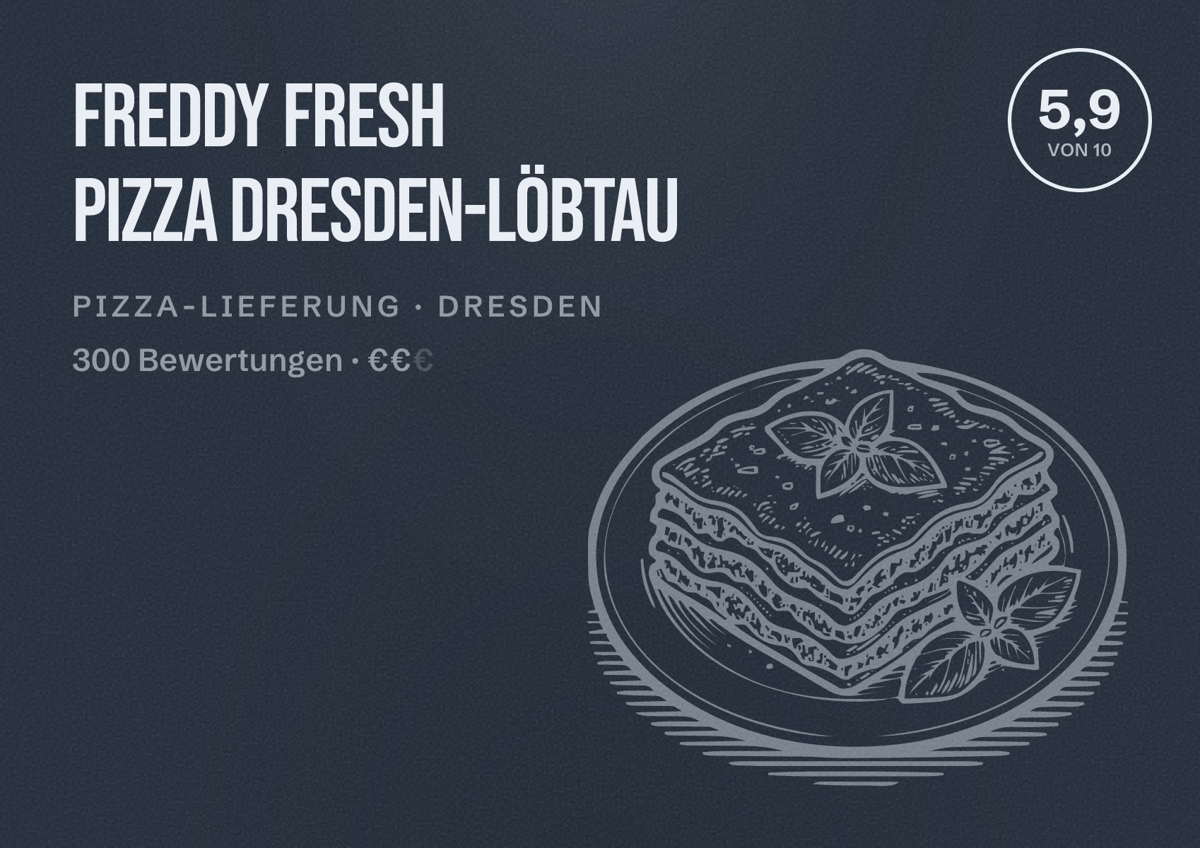 Illustriertes Poster von Freddy Fresh Pizza Dresden-Löbtau, Pizza-Lieferung in Dresden: Bewertung 5,9 von 10 aus 300 Bewertungen, Preisniveau €€