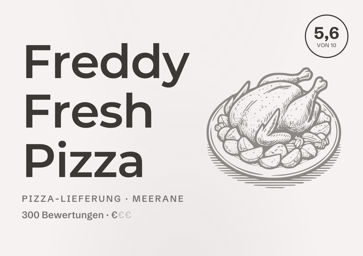 Illustriertes Poster von Freddy Fresh Pizza, Pizza-Lieferung in Meerane: Bewertung 5,6 von 10 aus 300 Bewertungen, Preisniveau €
