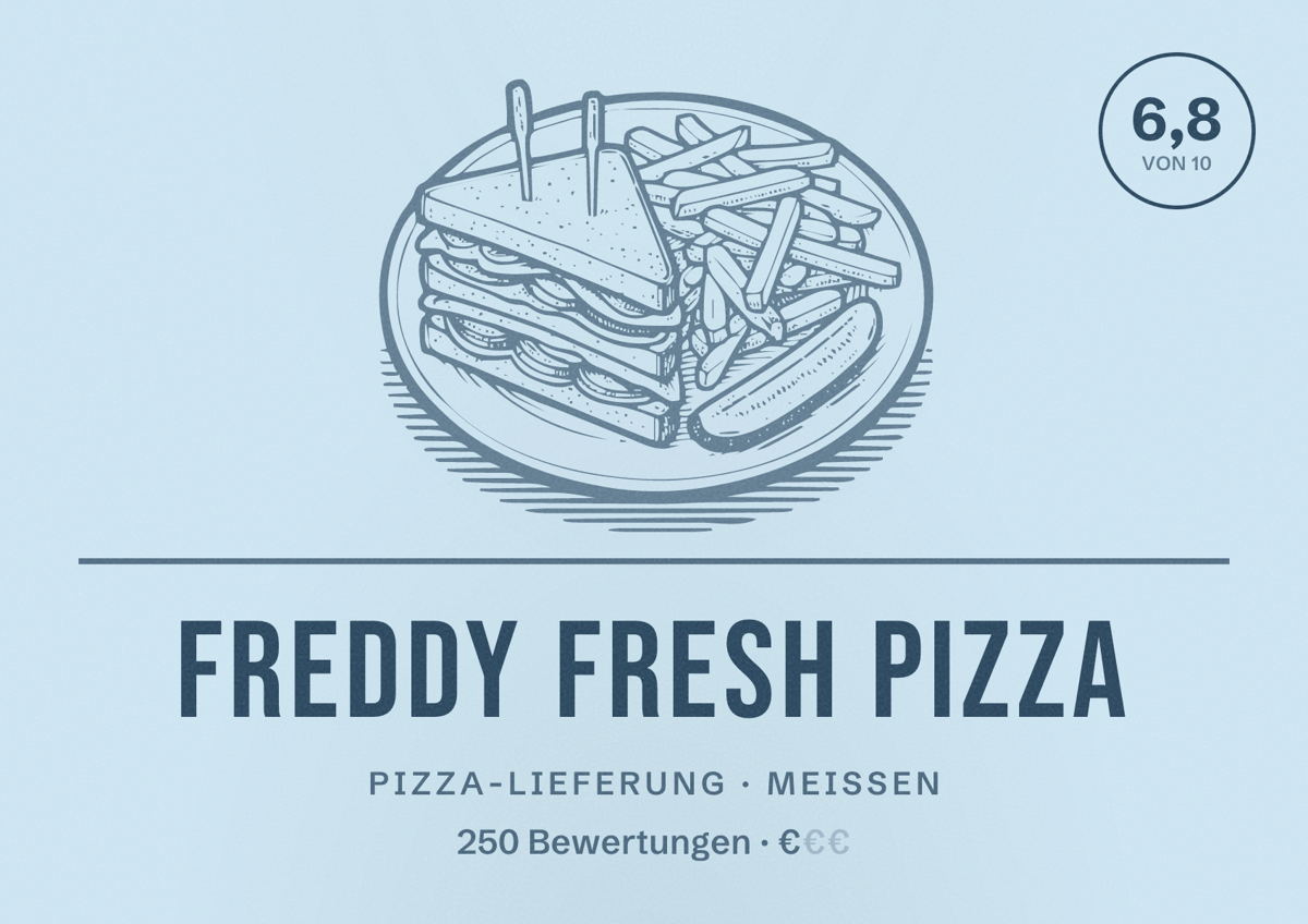 Illustriertes Poster von Freddy Fresh Pizza, Pizza-Lieferung in Meißen: Bewertung 6,8 von 10 aus 250 Bewertungen, Preisniveau €