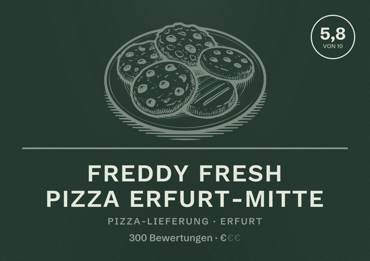Illustriertes Poster von Freddy Fresh Pizza Erfurt-Mitte, Pizza-Lieferung in Erfurt: Bewertung 5,8 von 10 aus 300 Bewertungen, Preisniveau €