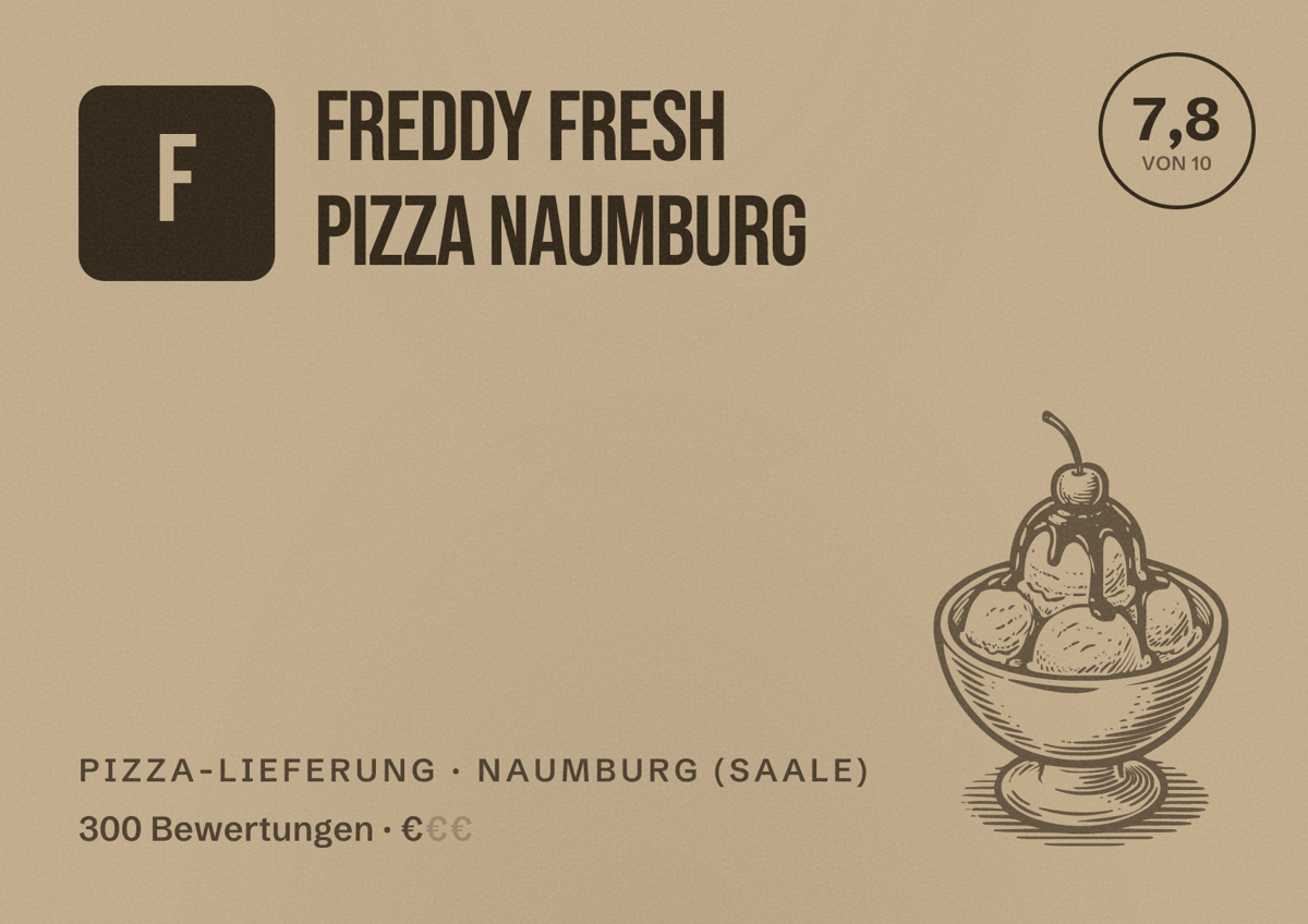 Illustriertes Poster von Freddy Fresh Pizza Naumburg, Pizza-Lieferung in Naumburg (Saale): Bewertung 7,8 von 10 aus 300 Bewertungen, Preisniveau €