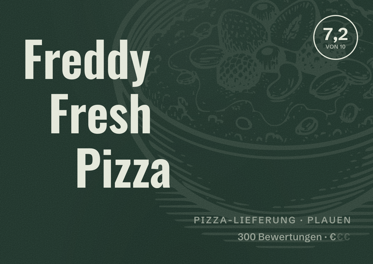 Illustriertes Poster von Freddy Fresh Pizza, Pizza-Lieferung in Plauen: Bewertung 7,2 von 10 aus 300 Bewertungen, Preisniveau €