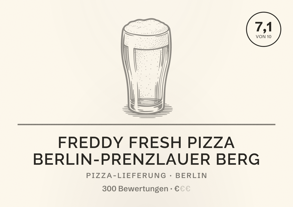 Illustriertes Poster von Freddy Fresh Pizza Berlin-Prenzlauer Berg, Pizza-Lieferung in Berlin: Bewertung 7,1 von 10 aus 300 Bewertungen, Preisniveau €
