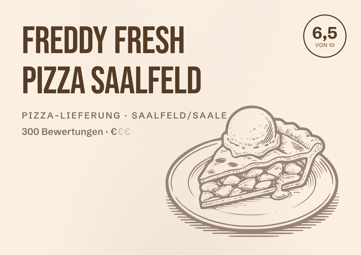 Illustriertes Poster von Freddy Fresh Pizza Saalfeld, Pizza-Lieferung in Saalfeld/Saale: Bewertung 6,5 von 10 aus 300 Bewertungen, Preisniveau €