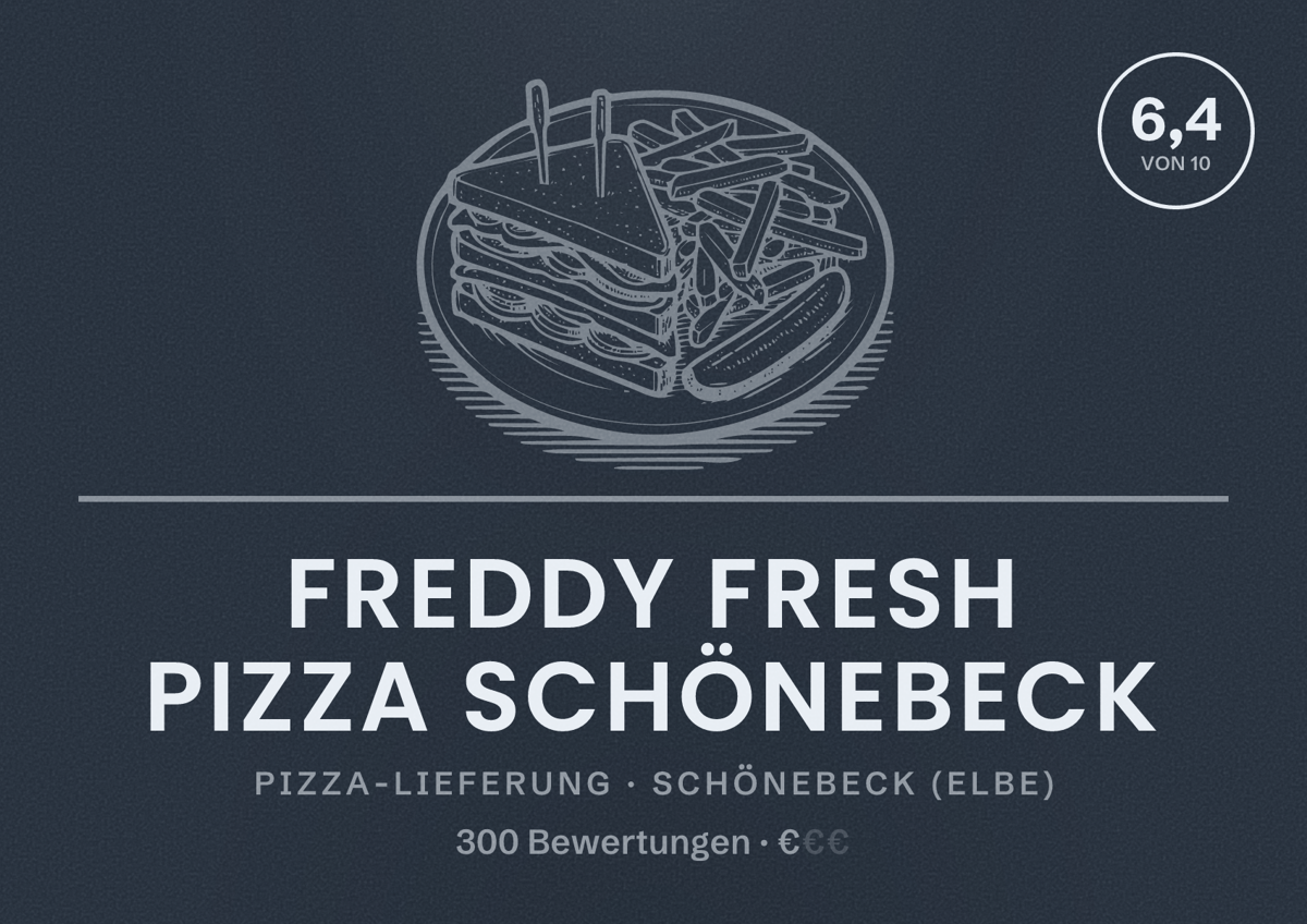 Illustriertes Poster von Freddy Fresh Pizza Schönebeck, Pizza-Lieferung in Schönebeck (Elbe): Bewertung 6,4 von 10 aus 300 Bewertungen, Preisniveau €