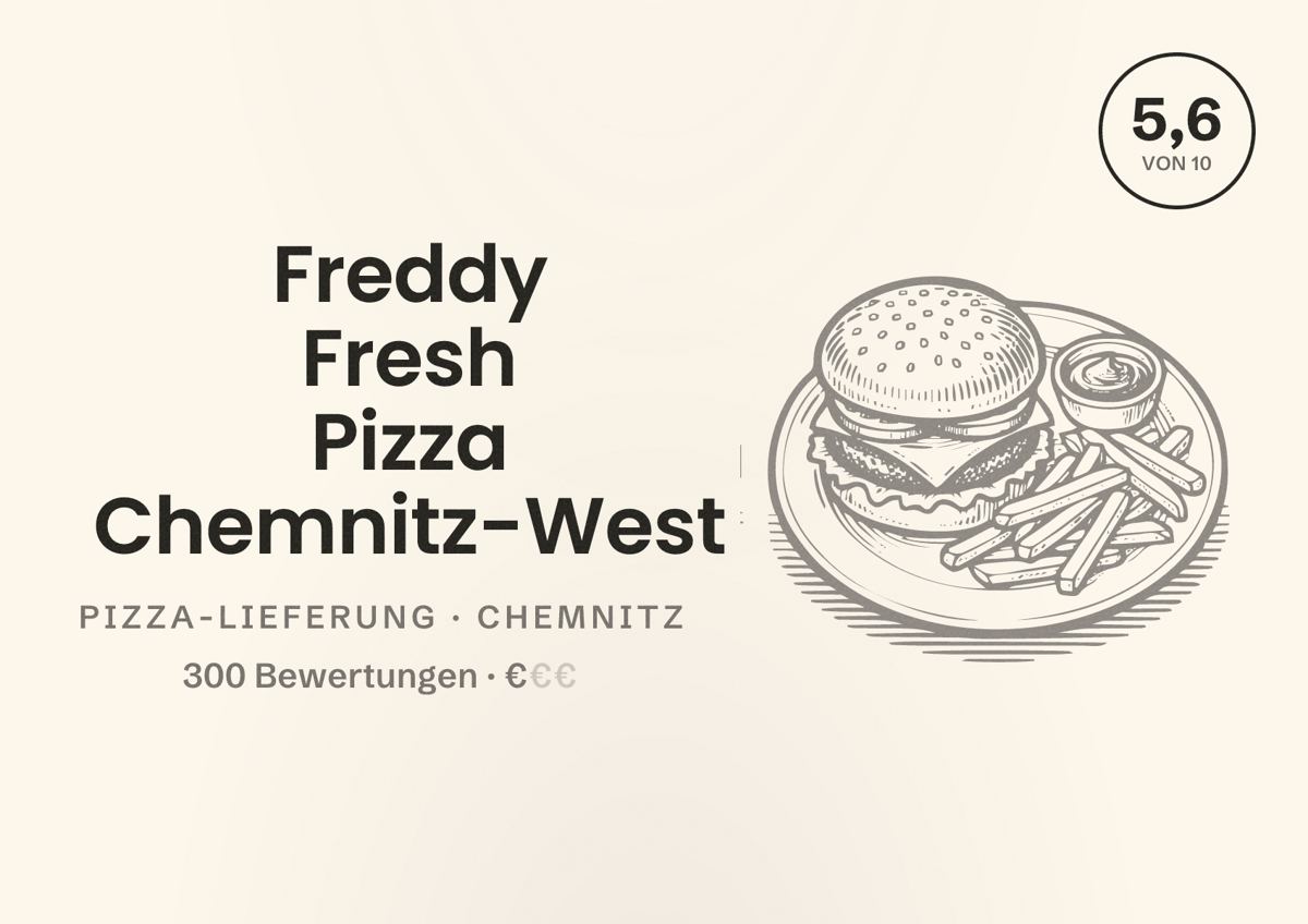 Illustriertes Poster von Freddy Fresh Pizza Chemnitz-West, Pizza-Lieferung in Chemnitz: Bewertung 5,6 von 10 aus 300 Bewertungen, Preisniveau €