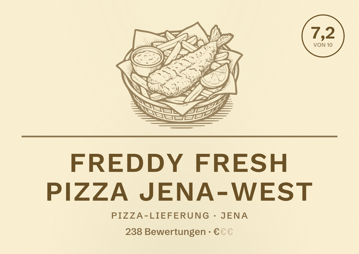 Illustriertes Poster von Freddy Fresh Pizza Jena-West, Pizza-Lieferung in Jena: Bewertung 7,2 von 10 aus 238 Bewertungen, Preisniveau €