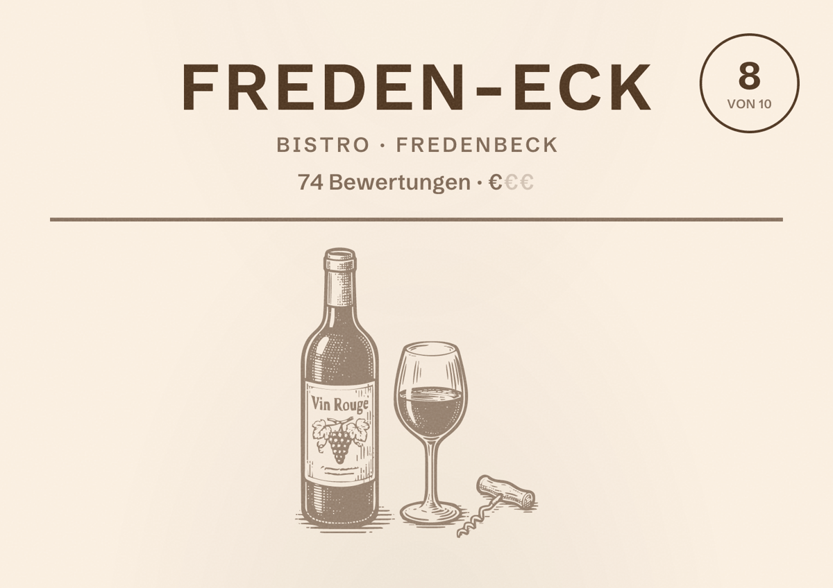 Illustriertes Poster von Freden-Eck, Bistro in Fredenbeck: Bewertung 8 von 10 aus 74 Bewertungen, Preisniveau €