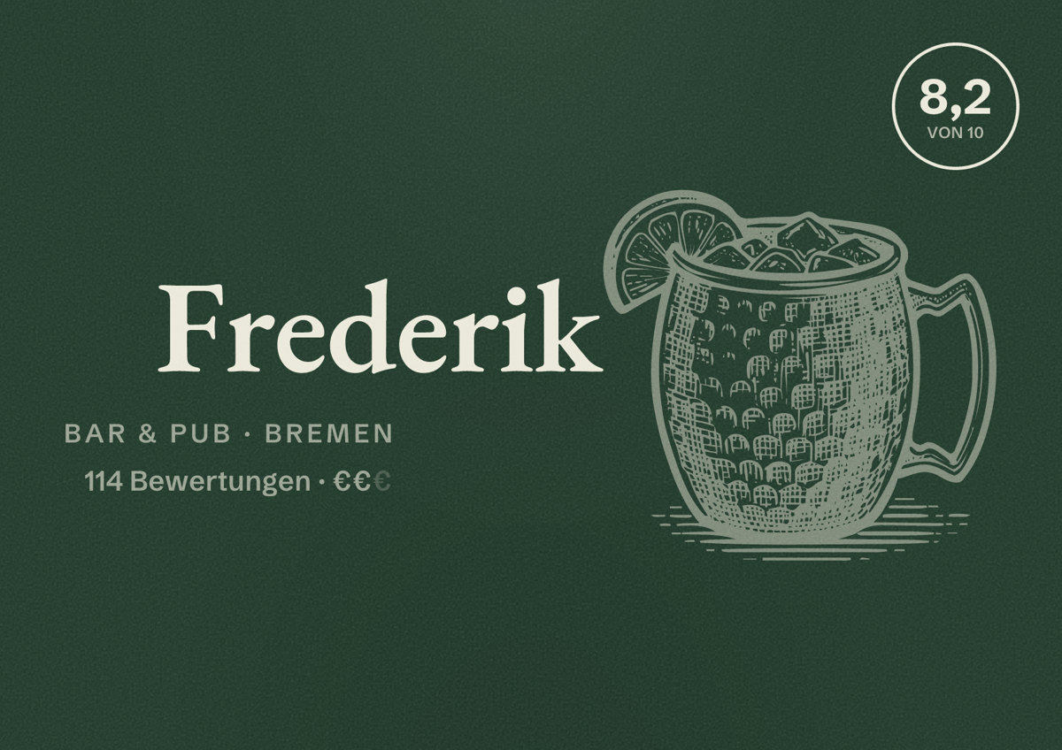 Illustriertes Poster von Frederik, Bar & Pub in Bremen: Bewertung 8,2 von 10 aus 114 Bewertungen, Preisniveau €€