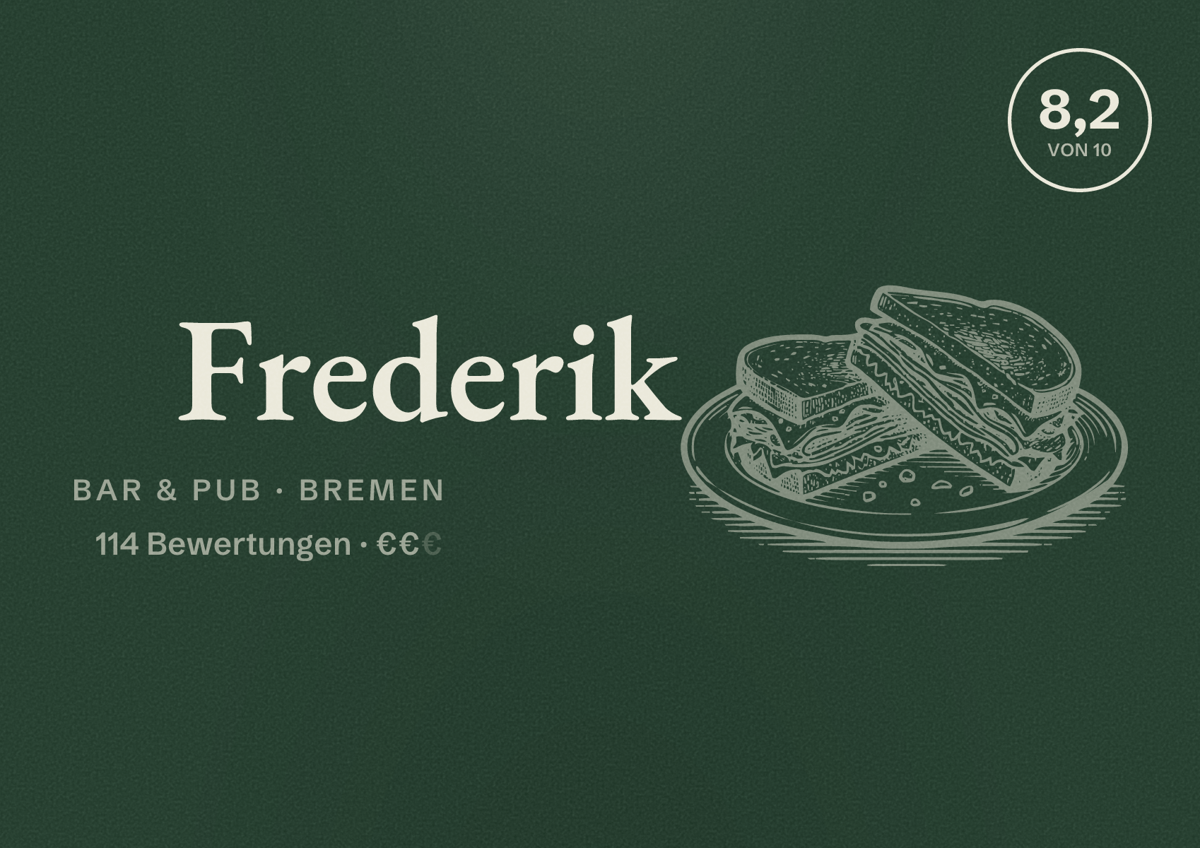 Illustriertes Poster von Frederik, Bar & Pub in Bremen: Bewertung 8,2 von 10 aus 114 Bewertungen, Preisniveau €€