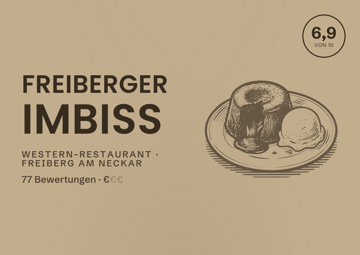 Illustriertes Poster von freiberger imbiss, Western-Restaurant in Freiberg am Neckar: Bewertung 6,9 von 10 aus 77 Bewertungen, Preisniveau €