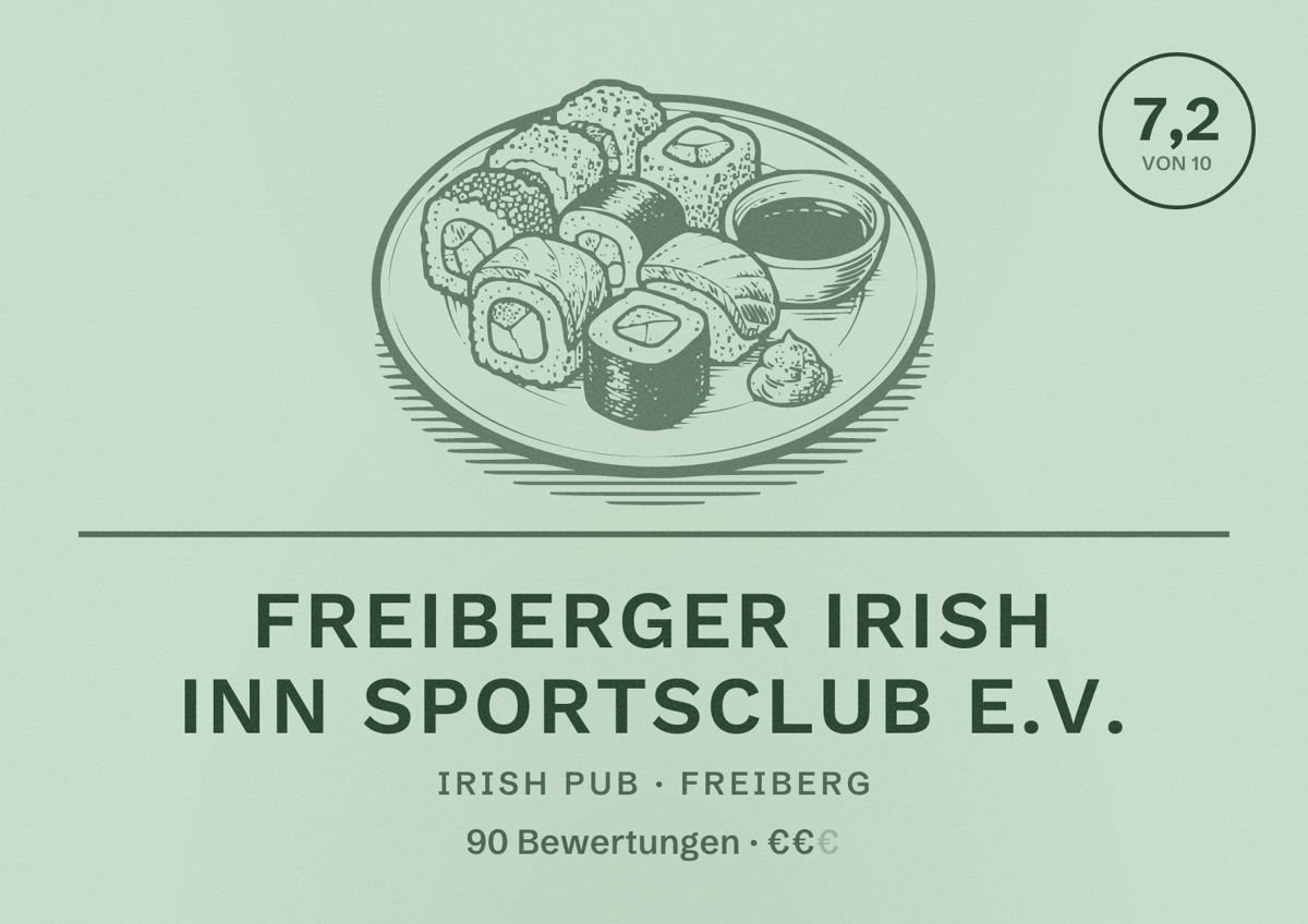 Illustriertes Poster von Freiberger Irish Inn Sportsclub e.V., Irish Pub in Freiberg: Bewertung 7,2 von 10 aus 90 Bewertungen, Preisniveau €€