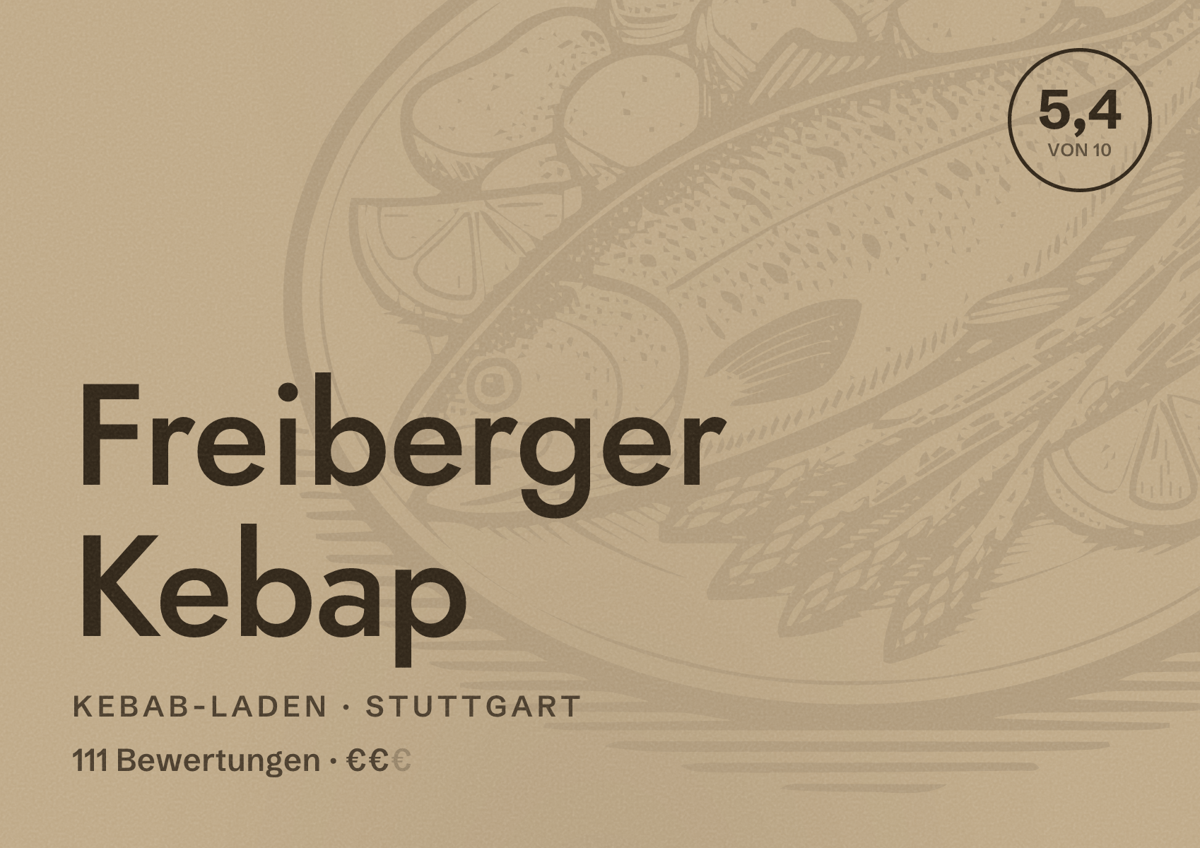 Illustriertes Poster von Freiberger Kebap, Kebab-Laden in Stuttgart: Bewertung 5,4 von 10 aus 111 Bewertungen, Preisniveau €€