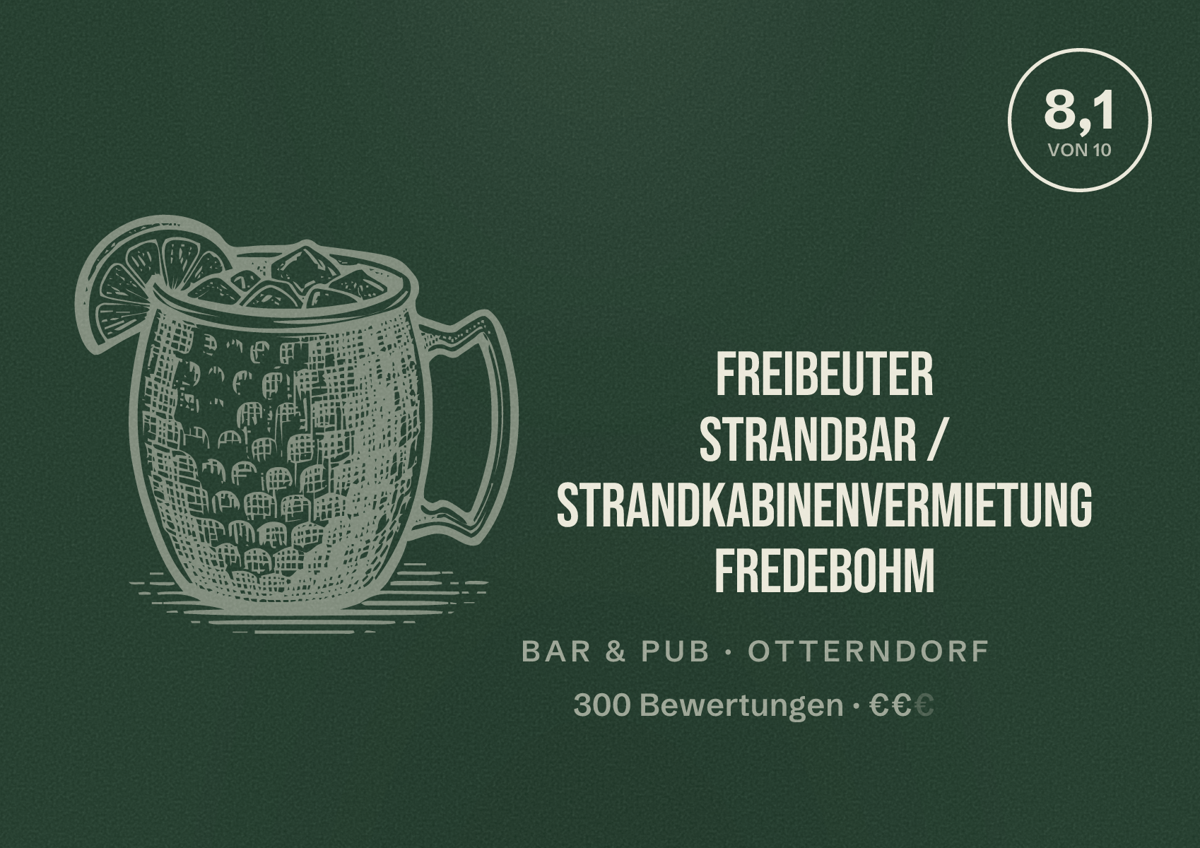 Illustriertes Poster von Freibeuter Strandbar / Strandkabinenvermietung Fredebohm, Bar & Pub in Otterndorf: Bewertung 8,1 von 10 aus 300 Bewertungen, Preisniveau €€