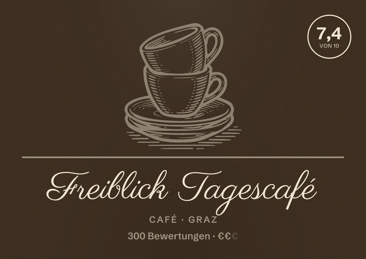 Illustriertes Poster von Freiblick Tagescafé, Café in Graz: Bewertung 7,4 von 10 aus 300 Bewertungen, Preisniveau €€