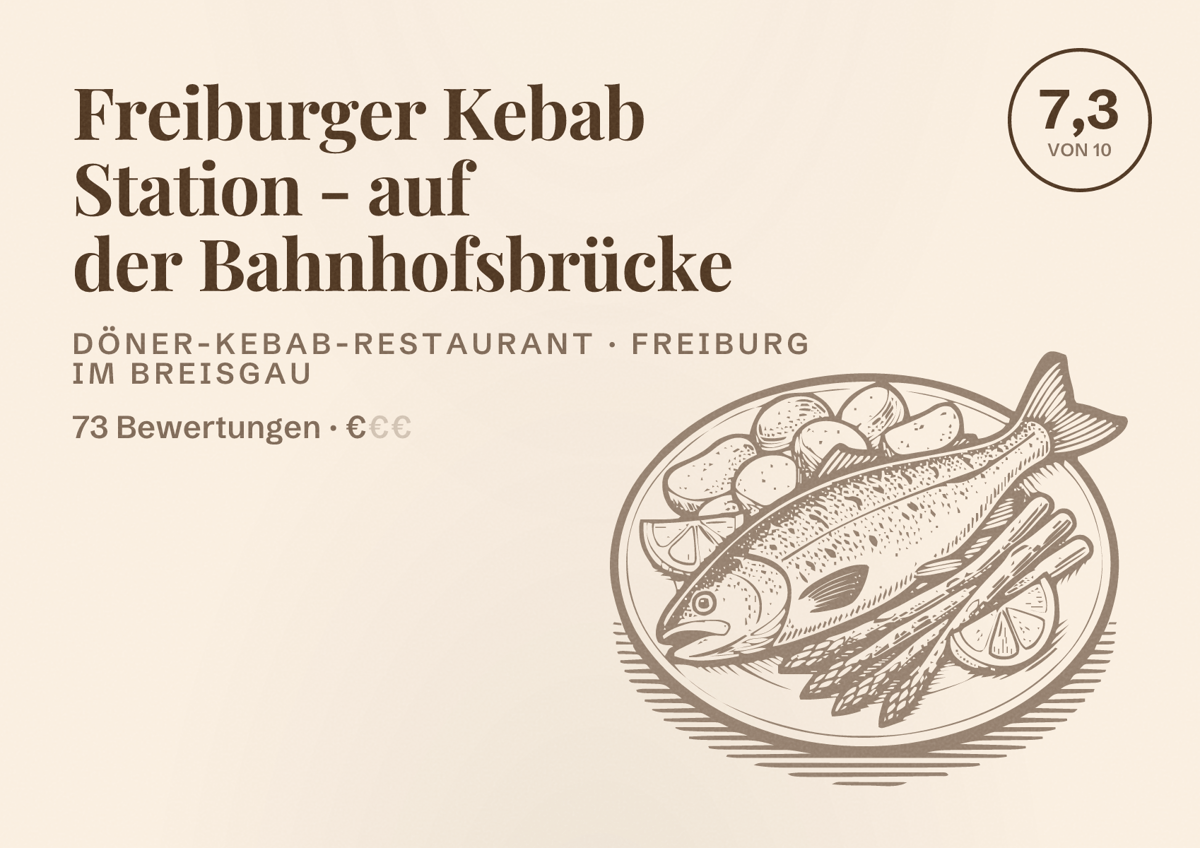 Illustriertes Poster von Freiburger Kebab Station - auf der Bahnhofsbrücke, Döner-Kebab-Restaurant in Freiburg im Breisgau: Bewertung 7,3 von 10 aus 73 Bewertungen, Preisniveau €