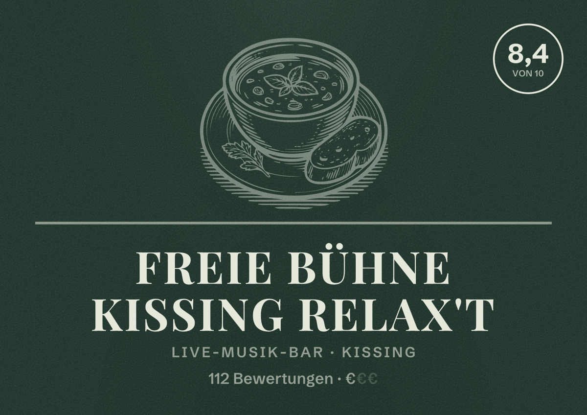 Illustriertes Poster von Freie Bühne Kissing Relax't, Live-Musik-Bar in Kissing: Bewertung 8,4 von 10 aus 112 Bewertungen, Preisniveau €