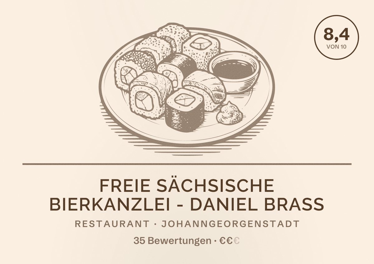 Illustriertes Poster von Freie Sächsische Bierkanzlei - Daniel Braß, Restaurant in Johanngeorgenstadt: Bewertung 8,4 von 10 aus 35 Bewertungen, Preisniveau €€