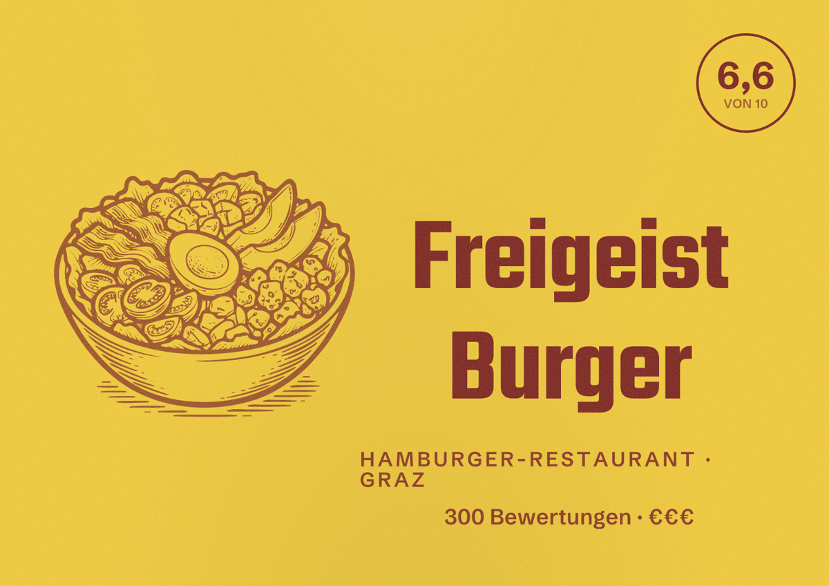 Illustriertes Poster von Freigeist Burger, Hamburger-Restaurant in Graz: Bewertung 6,6 von 10 aus 300 Bewertungen, Preisniveau €€€