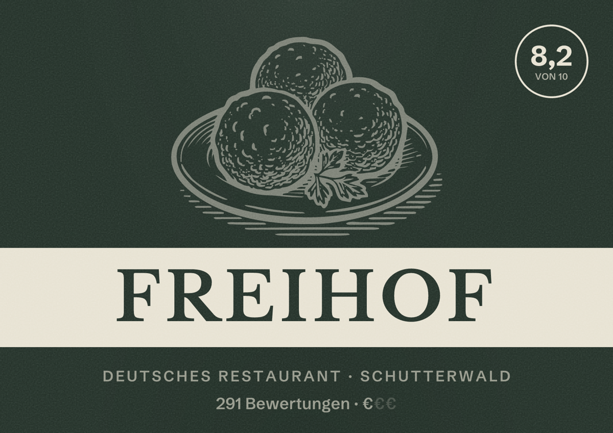 Illustriertes Poster von Freihof, Deutsches Restaurant in Schutterwald: Bewertung 8,2 von 10 aus 291 Bewertungen, Preisniveau €