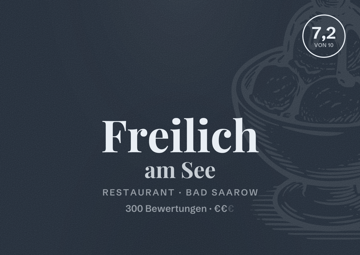 Illustriertes Poster von Freilich am See, Restaurant in Bad Saarow: Bewertung 7,2 von 10 aus 300 Bewertungen, Preisniveau €€