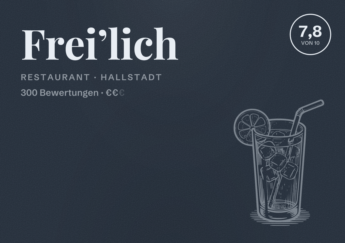 Illustriertes Poster von Frei’lich, Restaurant in Hallstadt: Bewertung 7,8 von 10 aus 300 Bewertungen, Preisniveau €€