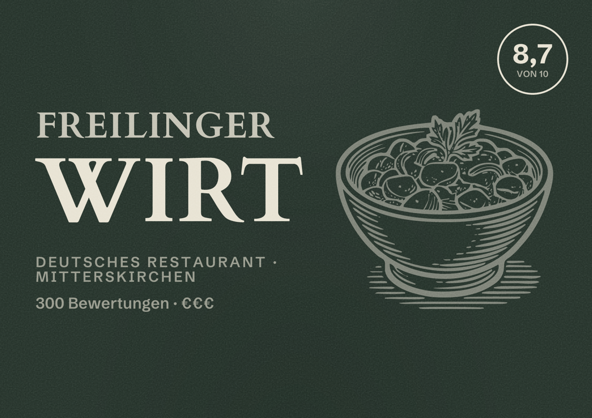 Illustriertes Poster von Freilinger Wirt, Deutsches Restaurant in Mitterskirchen: Bewertung 8,7 von 10 aus 300 Bewertungen, Preisniveau €€€