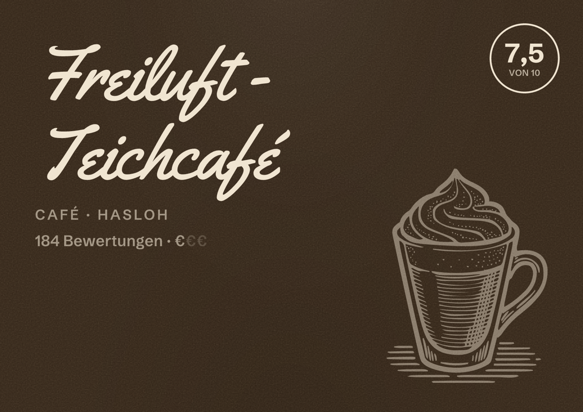 Illustriertes Poster von Freiluft - Teichcafé, Café in Hasloh: Bewertung 7,5 von 10 aus 184 Bewertungen, Preisniveau €