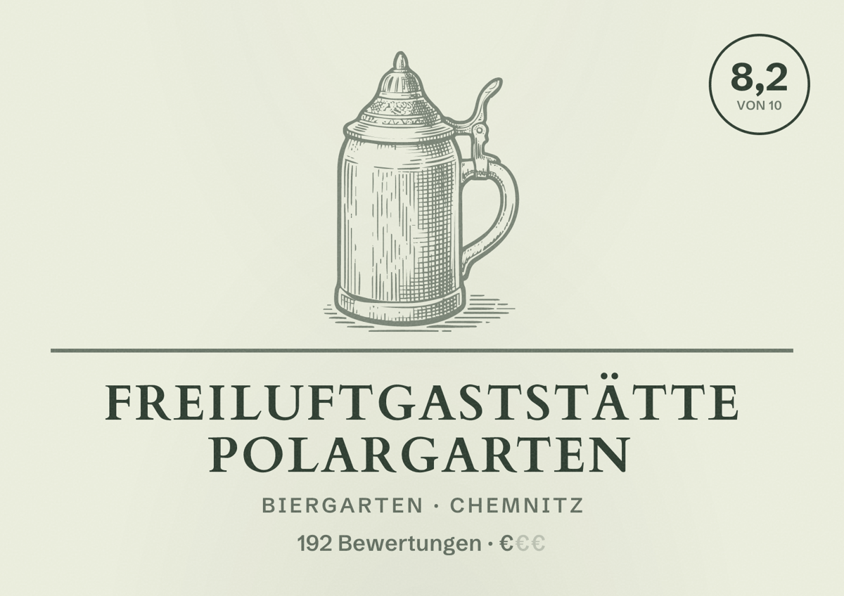 Illustriertes Poster von Freiluftgaststätte Polargarten, Biergarten in Chemnitz: Bewertung 8,2 von 10 aus 192 Bewertungen, Preisniveau €