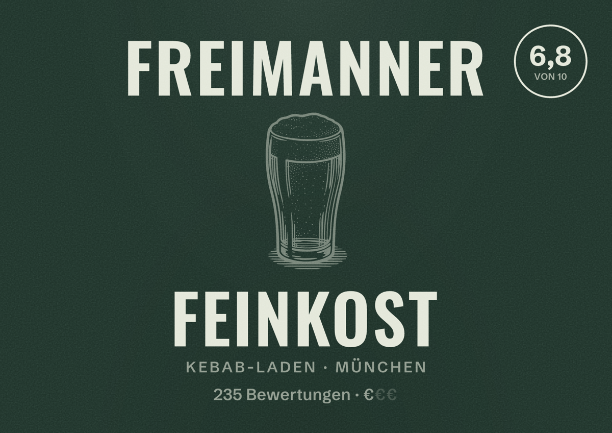 Illustriertes Poster von Freimanner Feinkost, Kebab-Laden in München: Bewertung 6,8 von 10 aus 235 Bewertungen, Preisniveau €