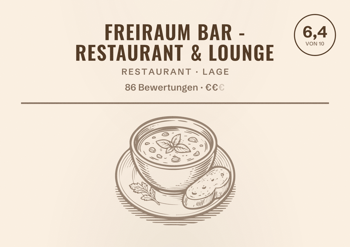 Illustriertes Poster von Freiraum Bar - Restaurant & Lounge, Restaurant in Lage: Bewertung 6,4 von 10 aus 86 Bewertungen, Preisniveau €€