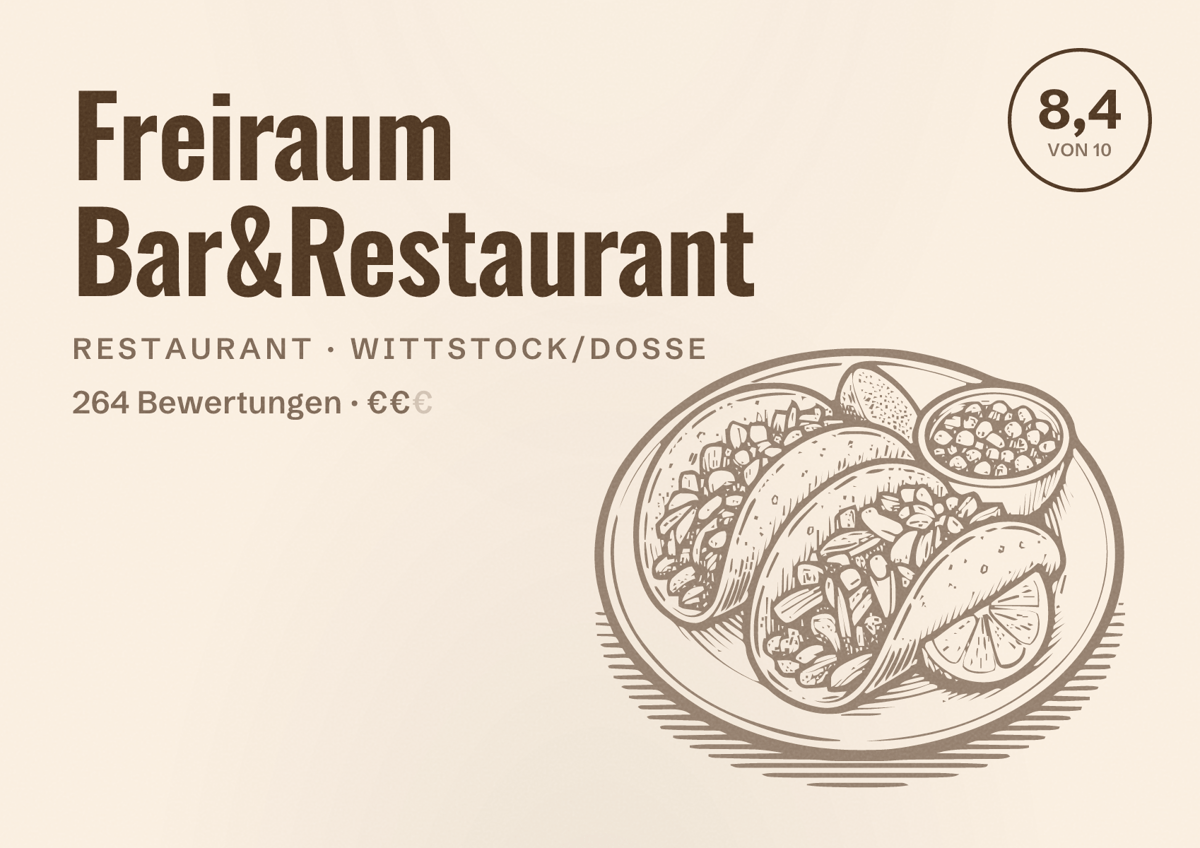 Illustriertes Poster von Freiraum Bar&Restaurant, Restaurant in Wittstock/Dosse: Bewertung 8,4 von 10 aus 264 Bewertungen, Preisniveau €€