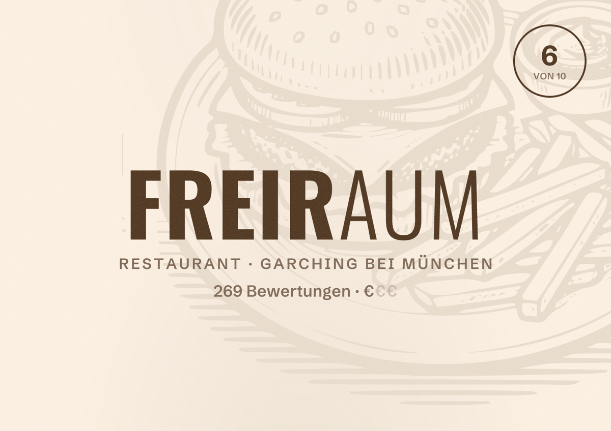 Illustriertes Poster von Freiraum, Restaurant in Garching bei München: Bewertung 6 von 10 aus 269 Bewertungen, Preisniveau €