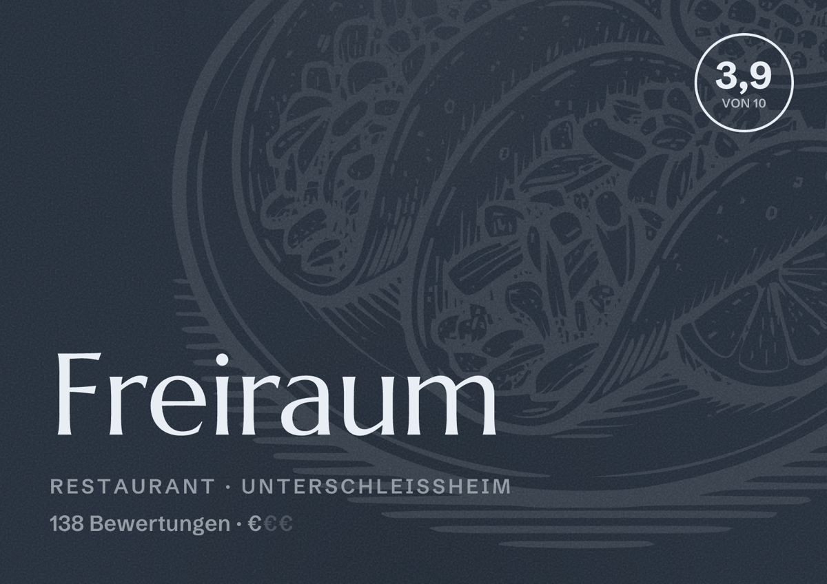 Illustriertes Poster von Freiraum, Restaurant in Unterschleißheim: Bewertung 3,9 von 10 aus 138 Bewertungen, Preisniveau €