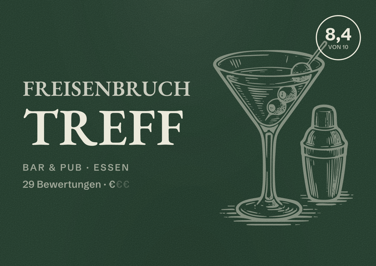 Illustriertes Poster von Freisenbruch Treff, Bar & Pub in Essen: Bewertung 8,4 von 10 aus 29 Bewertungen, Preisniveau €