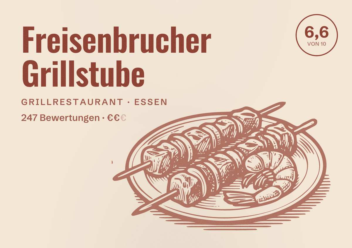 Illustriertes Poster von Freisenbrucher Grillstube, Grillrestaurant in Essen: Bewertung 6,6 von 10 aus 247 Bewertungen, Preisniveau €€