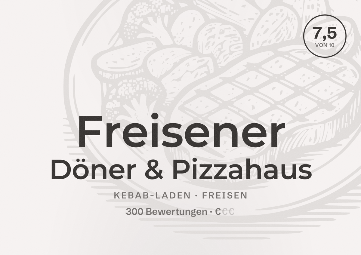 Illustriertes Poster von Freisener Döner & Pizzahaus, Kebab-Laden in Freisen: Bewertung 7,5 von 10 aus 300 Bewertungen, Preisniveau €