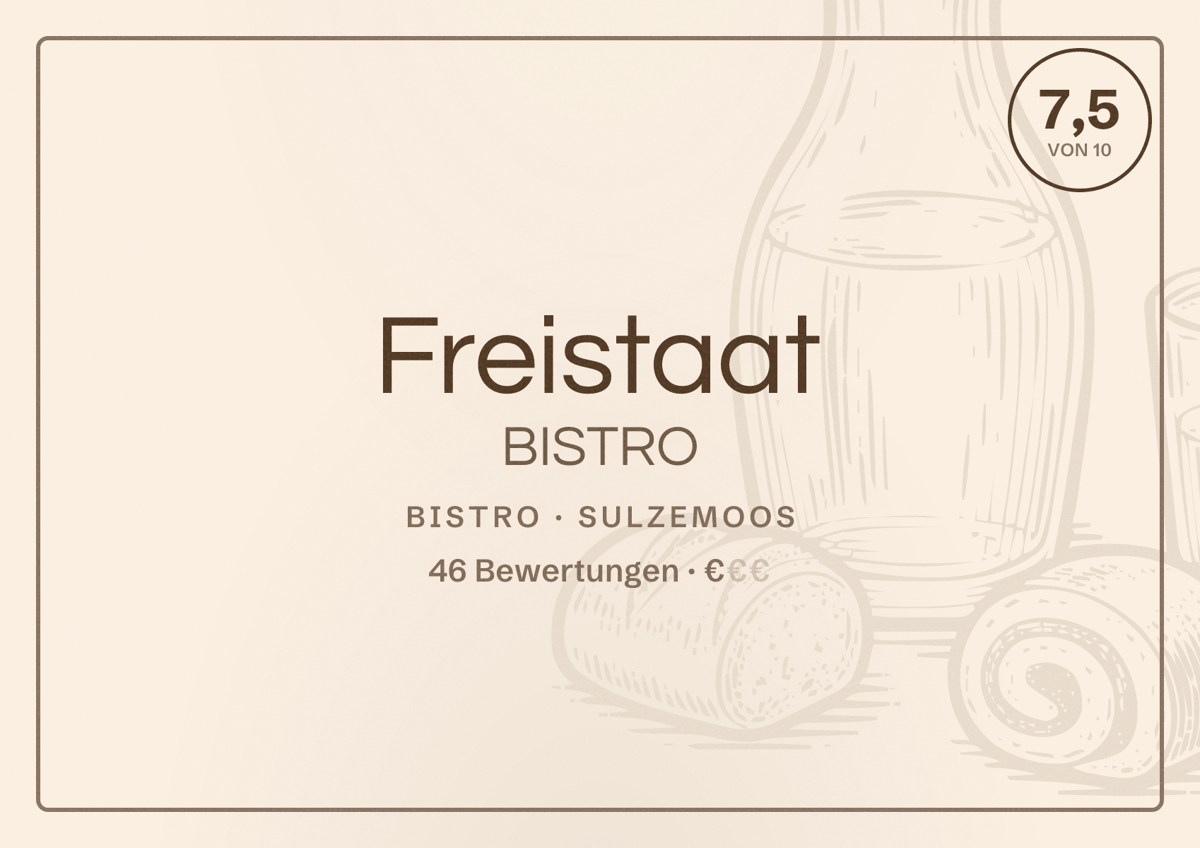 Illustriertes Poster von Freistaat BISTRO, Bistro in Sulzemoos: Bewertung 7,5 von 10 aus 46 Bewertungen, Preisniveau €