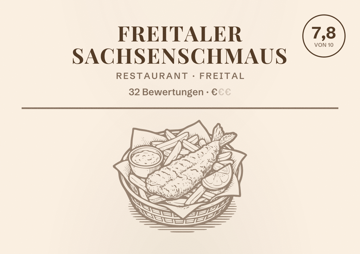 Illustriertes Poster von Freitaler Sachsenschmaus, Restaurant in Freital: Bewertung 7,8 von 10 aus 32 Bewertungen, Preisniveau €