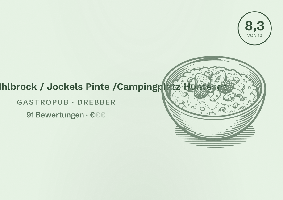 Illustriertes Poster von Freizeit in Ihlbrock / Jockels Pinte /Campingplatz Huntesee, Gastropub in Drebber: Bewertung 8,3 von 10 aus 91 Bewertungen, Preisniveau €
