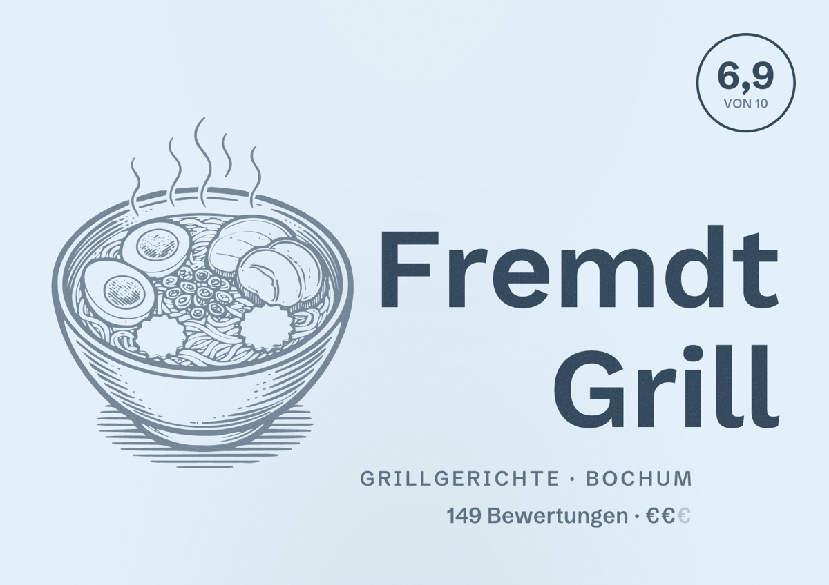 Illustriertes Poster von Fremdt Grill, Grillgerichte in Bochum: Bewertung 6,9 von 10 aus 149 Bewertungen, Preisniveau €€