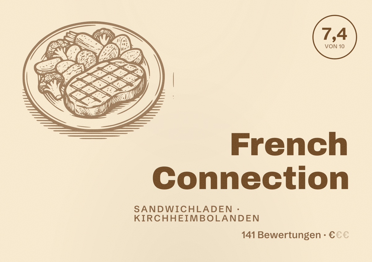 Illustriertes Poster von French Connection, Sandwichladen in Kirchheimbolanden: Bewertung 7,4 von 10 aus 141 Bewertungen, Preisniveau €