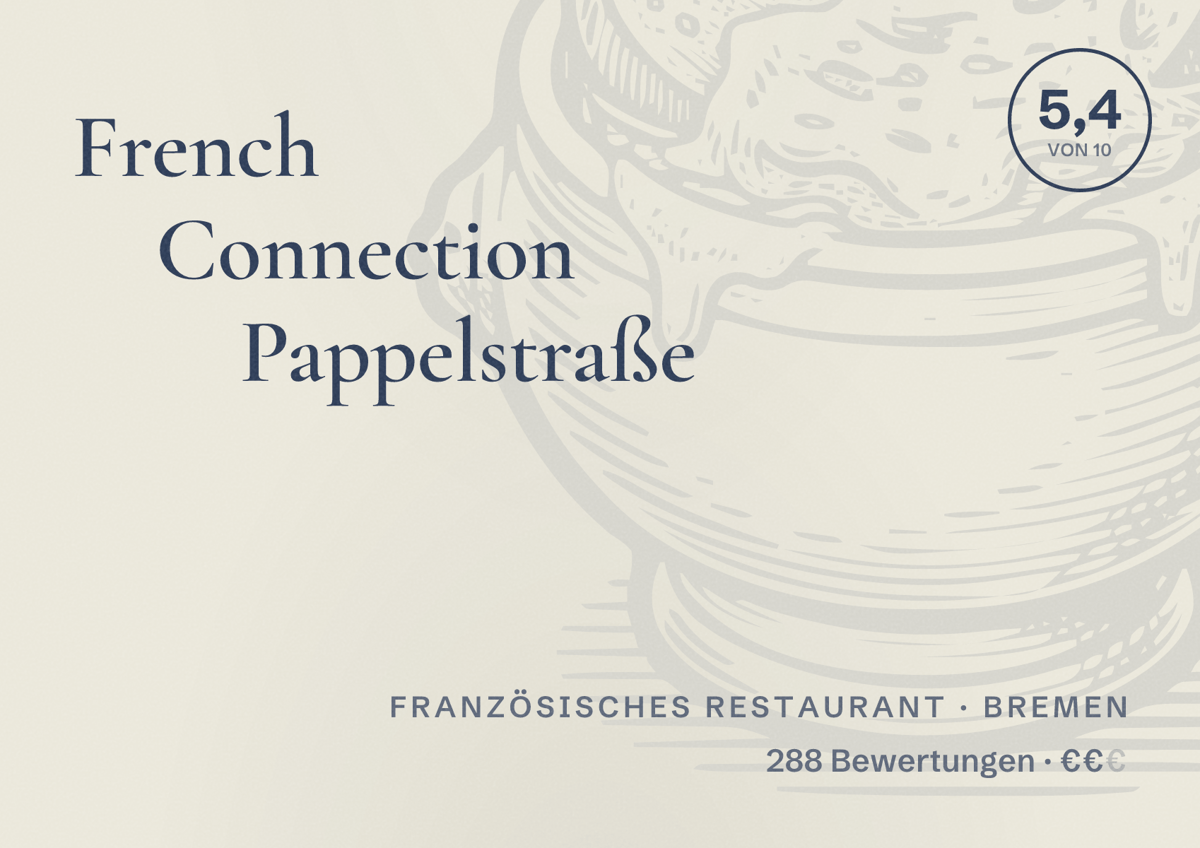 Illustriertes Poster von French Connection Pappelstraße, Französisches Restaurant in Bremen: Bewertung 5,4 von 10 aus 288 Bewertungen, Preisniveau €€