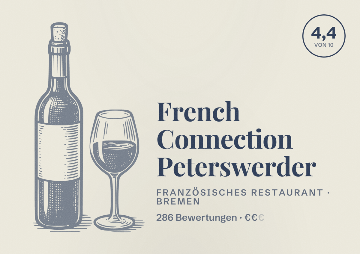 Illustriertes Poster von French Connection Peterswerder, Französisches Restaurant in Bremen: Bewertung 4,4 von 10 aus 286 Bewertungen, Preisniveau €€