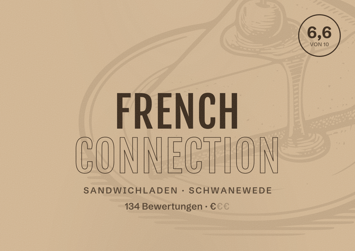 Illustriertes Poster von French Connection, Sandwichladen in Schwanewede: Bewertung 6,6 von 10 aus 134 Bewertungen, Preisniveau €