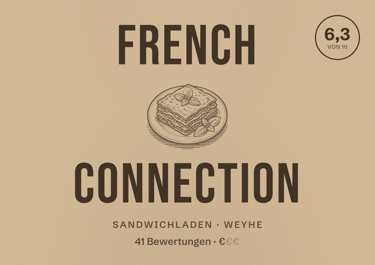 Illustriertes Poster von French Connection, Sandwichladen in Weyhe: Bewertung 6,3 von 10 aus 41 Bewertungen, Preisniveau €